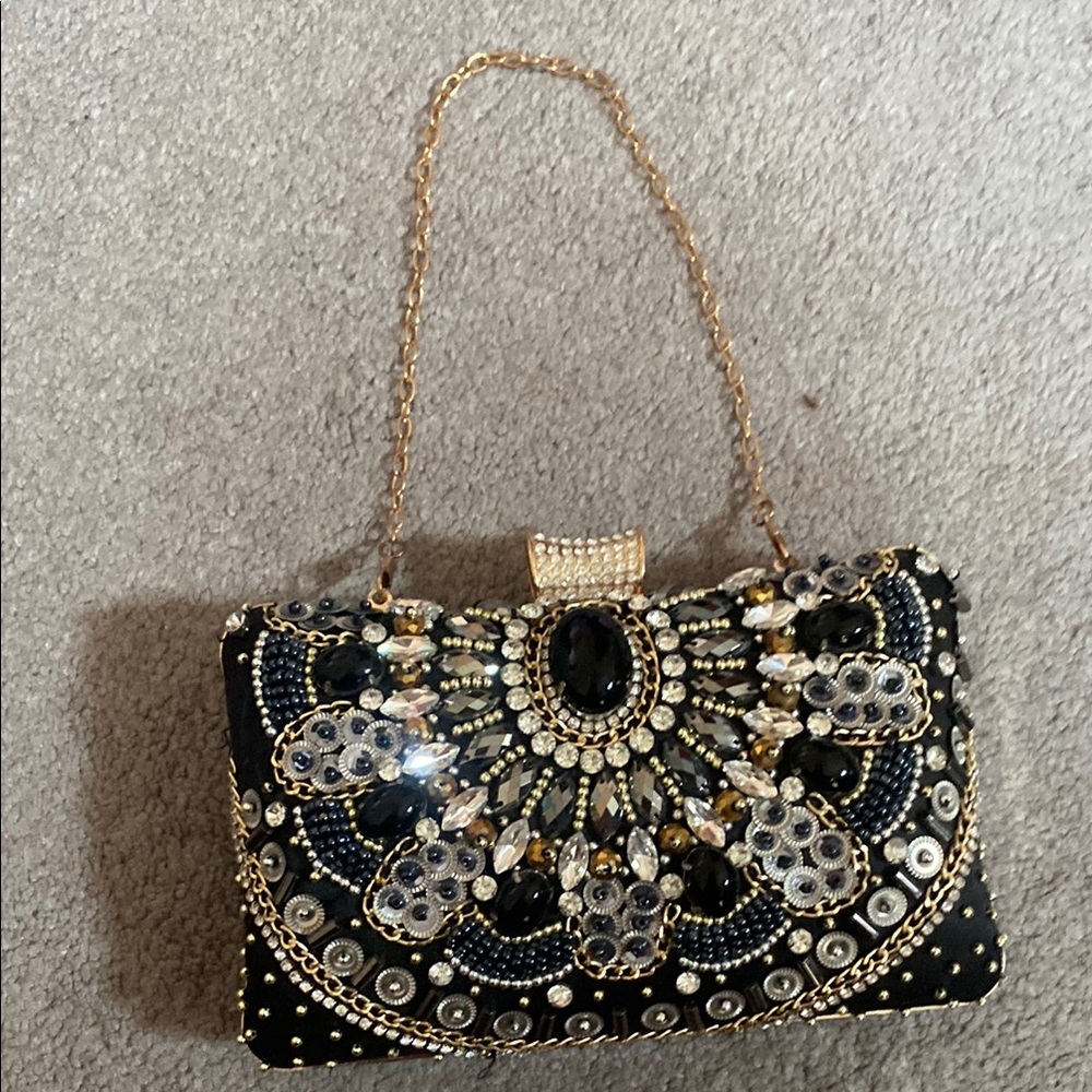 Elegant Black and Gold Embellished Purse with adjustable chains